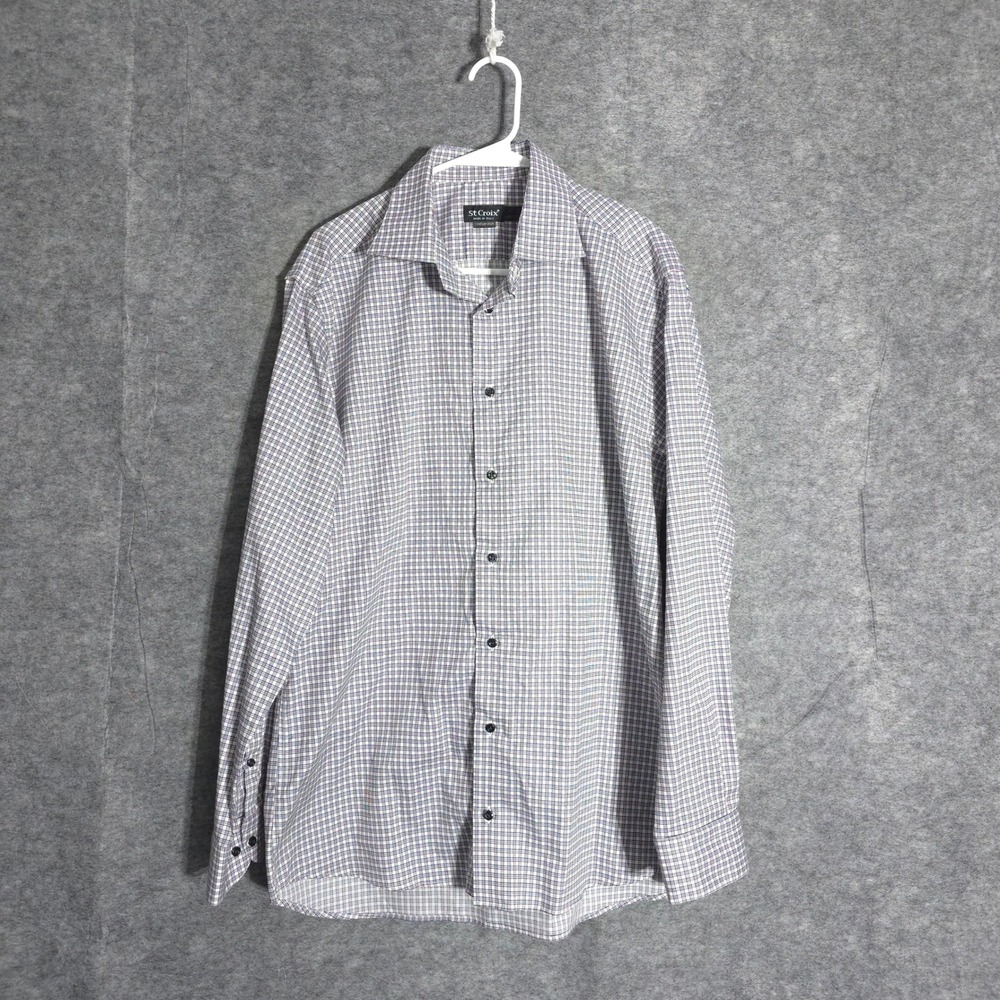 St Croix Dress Shirt Mens L 16 Blue Red Check Made in Italy Contemporary Cotton